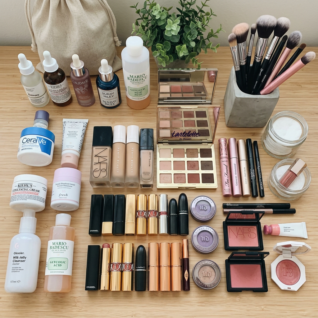 Skincare bottles, makeup foundations, eyeshadow palettes, lipsticks, brushes, and jars arranged on a wooden table
