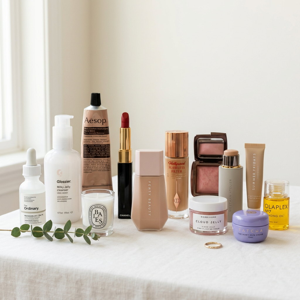 Various luxury skincare and makeup products including cleansers, lotions, lipstick, foundation, and creams on a white cloth